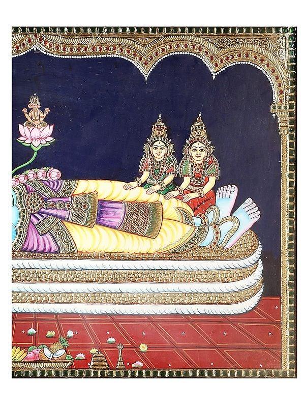 Exotic India Shree Padmanabha Swamy Tanjore Painting | Traditional Colors With 24K Gold | Teakwood Frame | Gold & Wood | Handmade