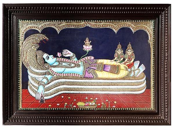exotic india Shree Padmanabha Swamy Tanjore Painting | Traditional Colors With 24K Gold | Teakwood Frame | Gold & Wood | Handmade