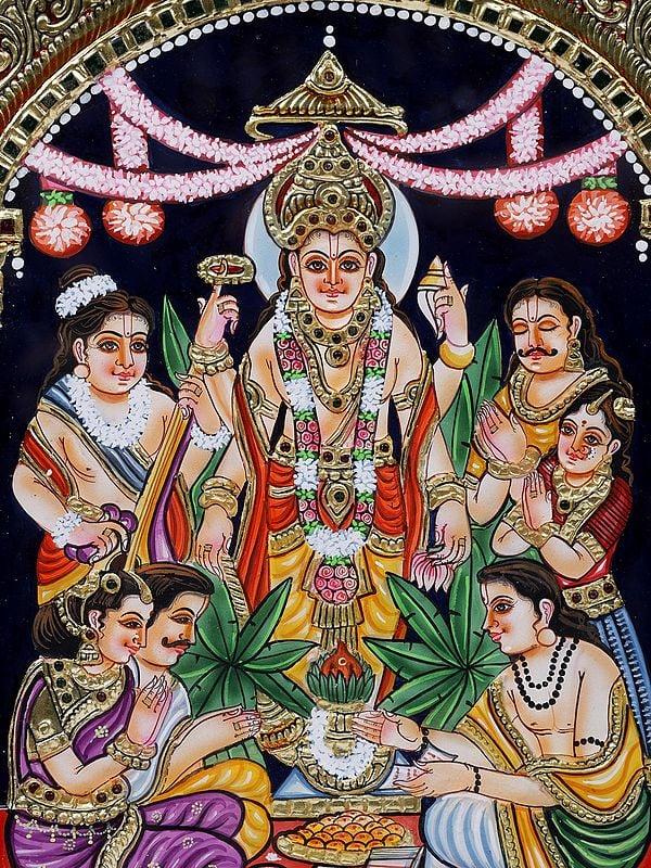 Exotic India Shri Hari Satyanarayan Framed Tanjore Painting | 24 Karat Gold Work