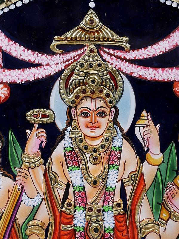 Exotic India Shri Hari Satyanarayan Framed Tanjore Painting | 24 Karat Gold Work