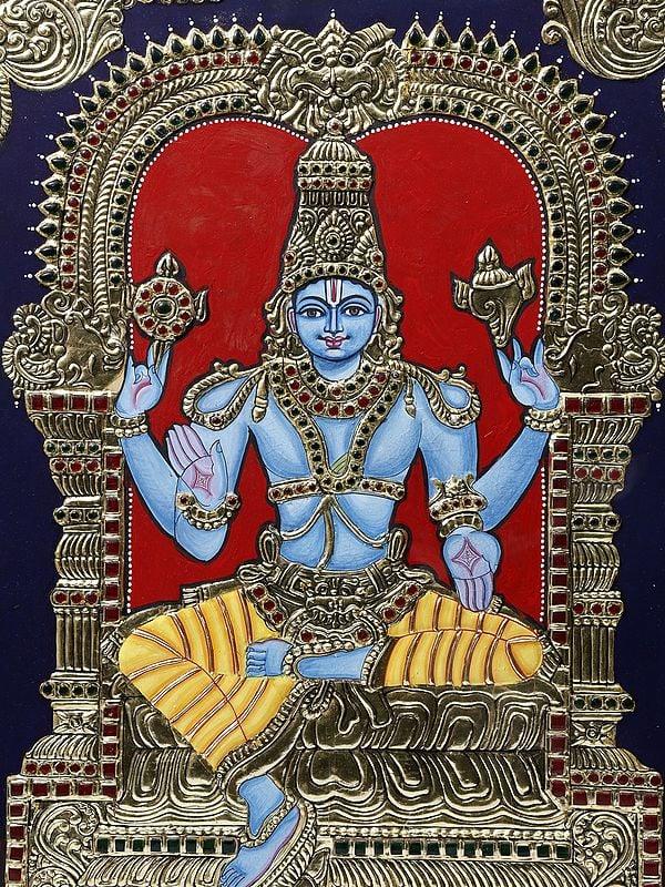 Exotic India Shri Hari Vishnu Seated On Kirtimukha Throne | Framed Tanjore Painting | 24 Karat Gold Work