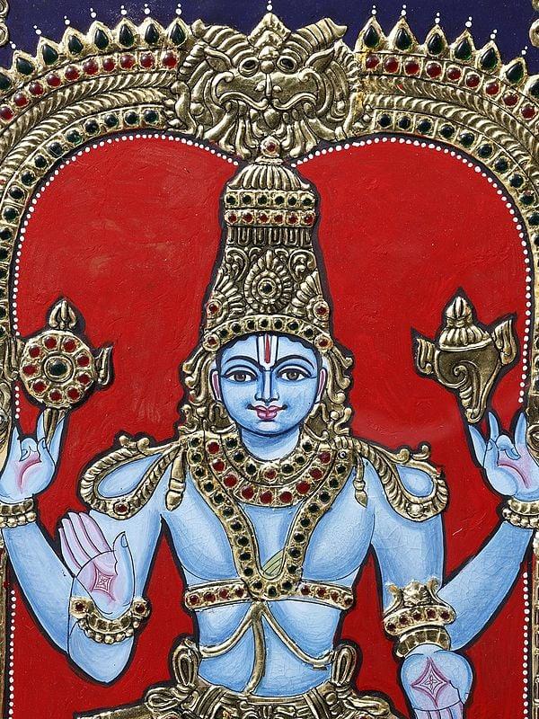 Exotic India Shri Hari Vishnu Seated On Kirtimukha Throne | Framed Tanjore Painting | 24 Karat Gold Work