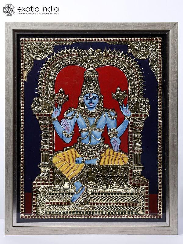 exotic india Shri Hari Vishnu Seated on Kirtimukha Throne | Framed Tanjore Painting | 24 Karat Gold Work