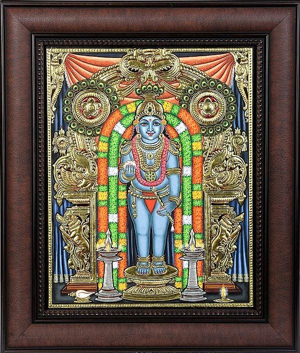exotic india Shri Krishna at Guruvayur | Tanjore Painting with Frame 
