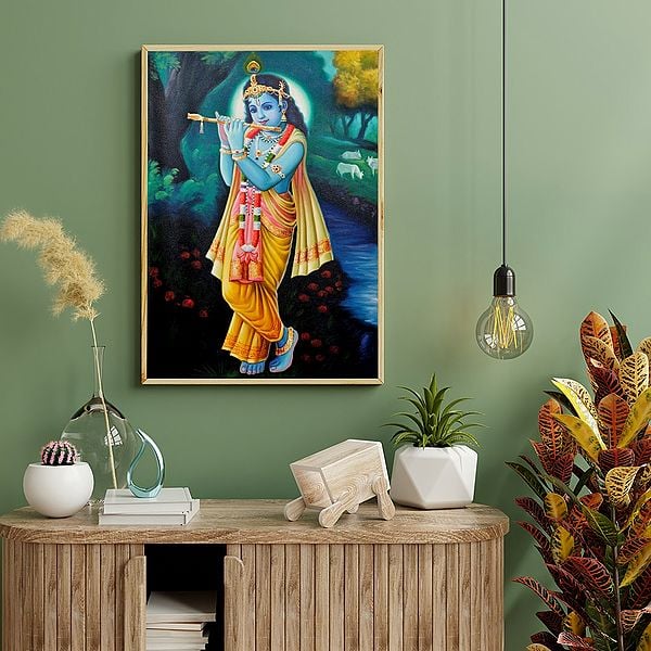 Exotic India Shri Krishna Playing His Flute | Oil Painting On Canvas