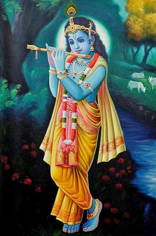 exotic india Shri Krishna Playing His Flute | Oil Painting on Canvas