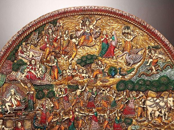 Exotic India Shri Krishna's Life Story In One Frame | Wood And Resin Wall Hanging Frame 