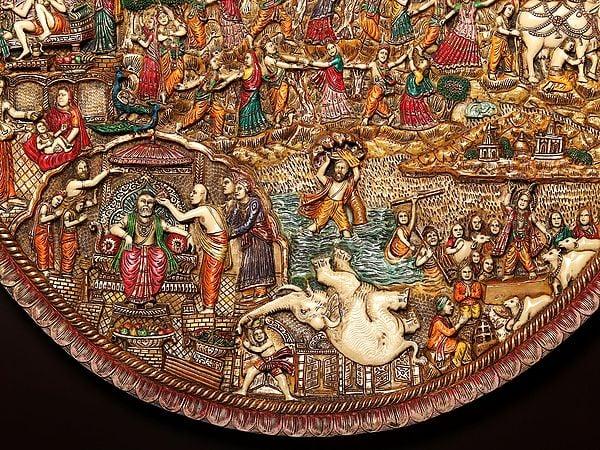 Exotic India Shri Krishna's Life Story In One Frame | Wood And Resin Wall Hanging Frame 