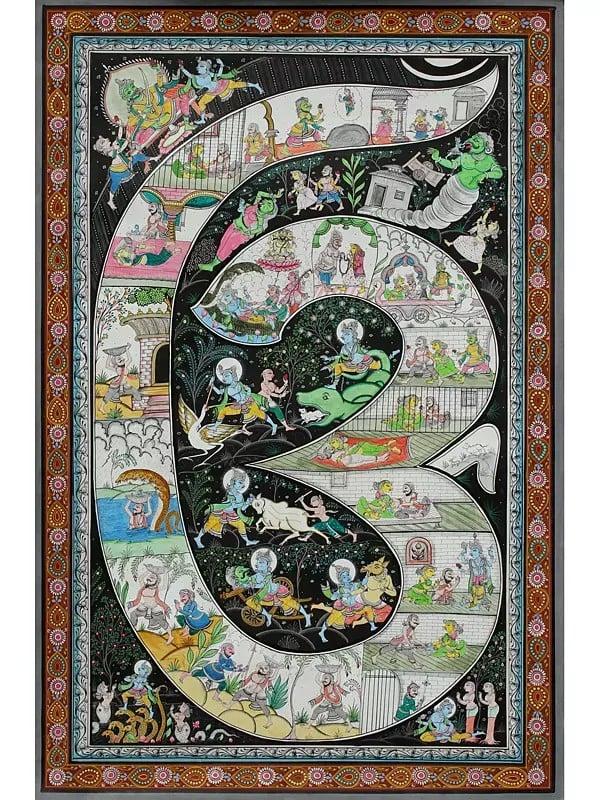 exotic india Shri Krishna's Life Story Inside The Aum (Om) | Pattachitra Painting 