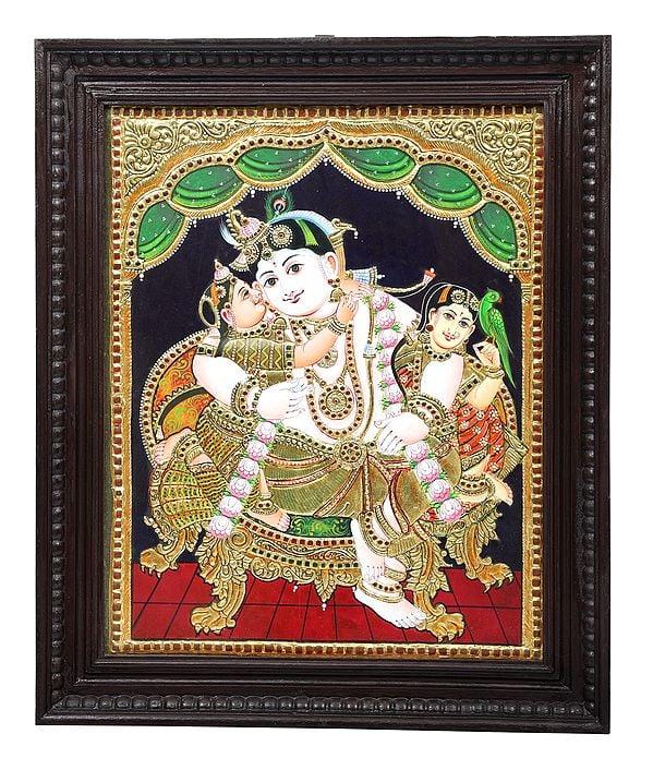 exotic india Shri Krishna with Rukmini and Satyabhama Tanjore Painting | Traditional Colors With 24K Gold | Teakwood Frame | Gold & Wood | Handmade | Made In India 