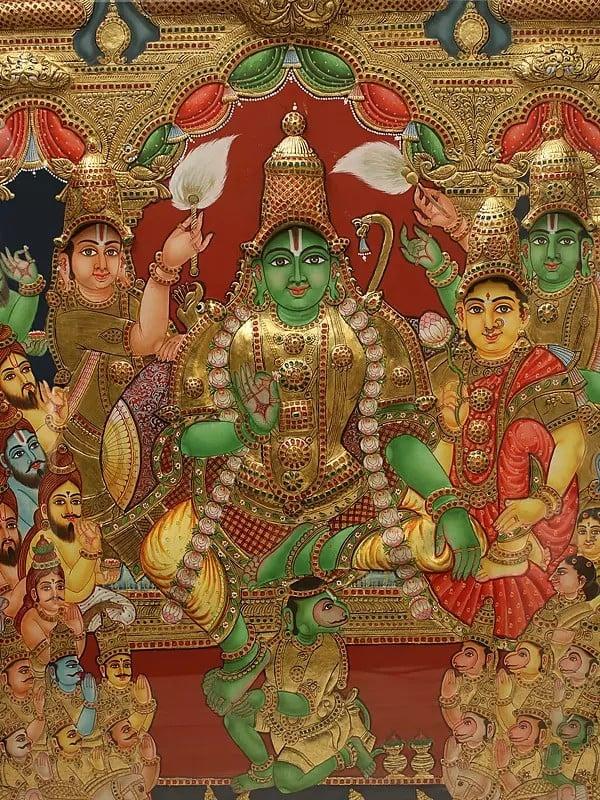 Exotic India Shri Ram Darbar | Embossed Tanjore Painting | Traditional Colors With 24 Karat Gold | With Frame