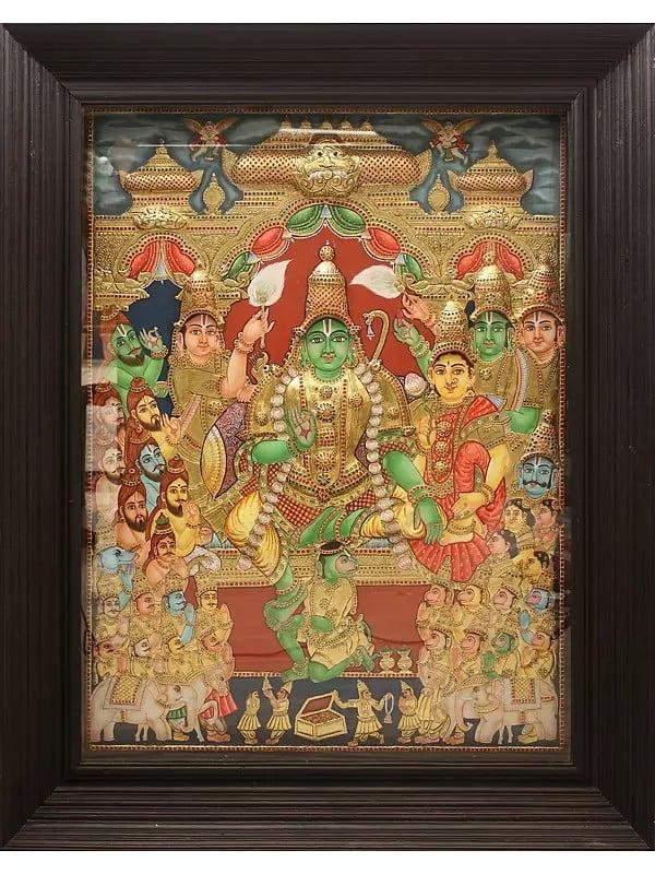 exotic india Shri Ram Darbar | Embossed Tanjore Painting | Traditional Colors with 24 Karat Gold | With Frame