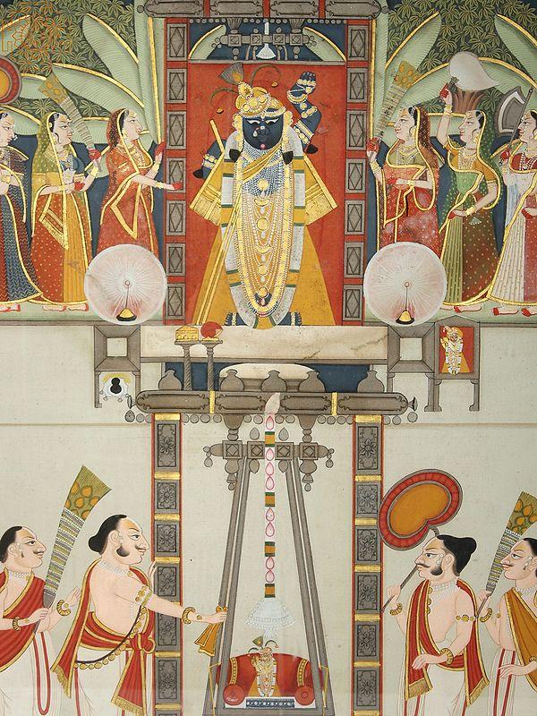 Exotic India Shrinath Ji Darshan | Watercolor Painting On Cloth | With Frame 