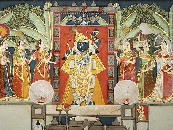 Exotic India Shrinath Ji Darshan | Watercolor Painting On Cloth | With Frame 