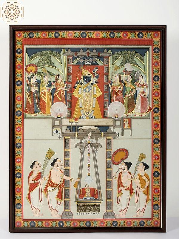 exotic india Shrinath Ji Darshan | Watercolor Painting on Cloth | With Frame 
