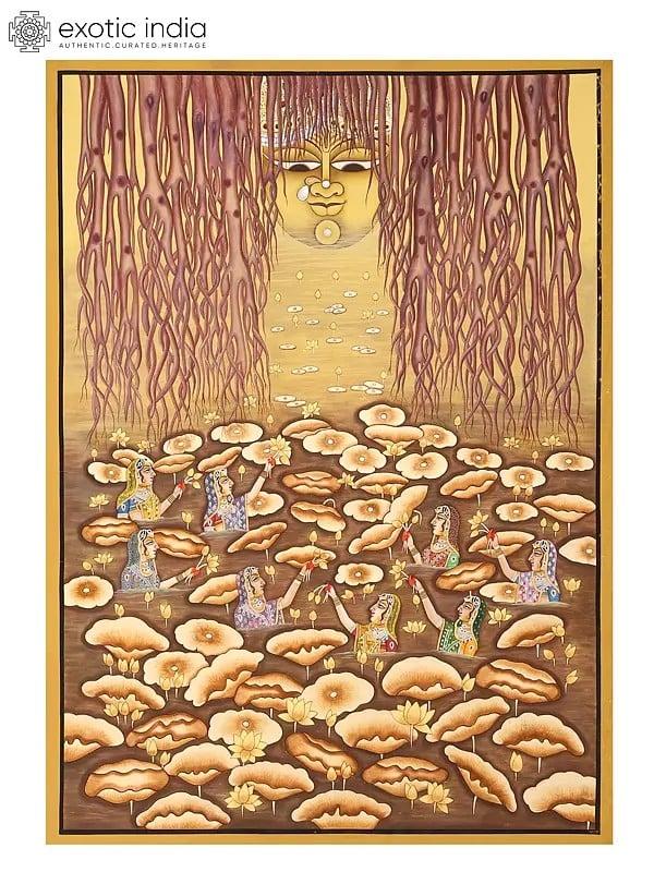 exotic india Shrinathji Appearing from The Lotus Pond | Pichwai Art 