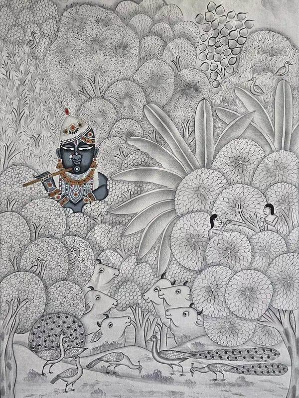Exotic India Shrinathji Holding Flute | Pichwai Art | Watercolor On Cotton 