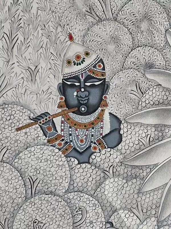 Exotic India Shrinathji Holding Flute | Pichwai Art | Watercolor On Cotton 