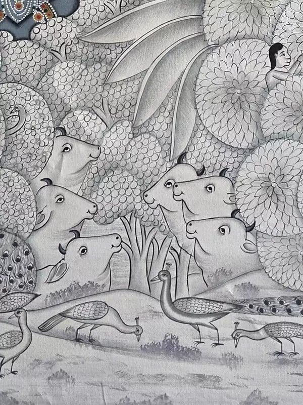 Exotic India Shrinathji Holding Flute | Pichwai Art | Watercolor On Cotton 