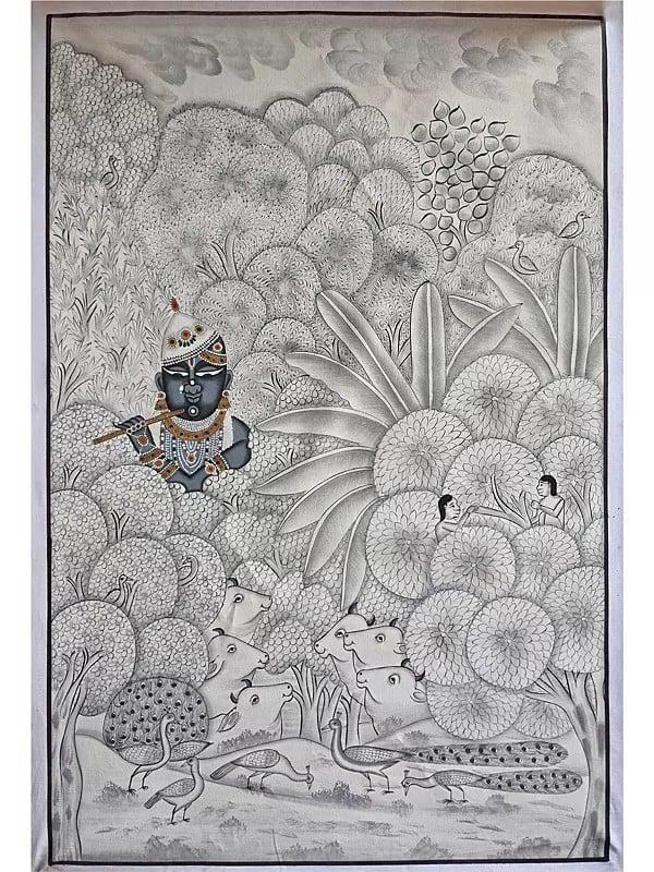 exotic india Shrinathji Holding Flute | Pichwai Art | Watercolor On Cotton 