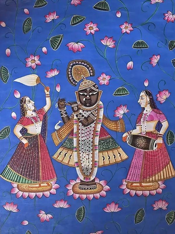 Exotic India Shrinathji Holding Flute With Devotees | Watercolor On Cotton | Pichwai Art 