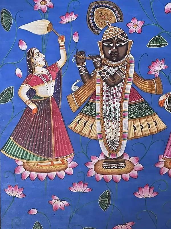 Exotic India Shrinathji Holding Flute With Devotees | Watercolor On Cotton | Pichwai Art 