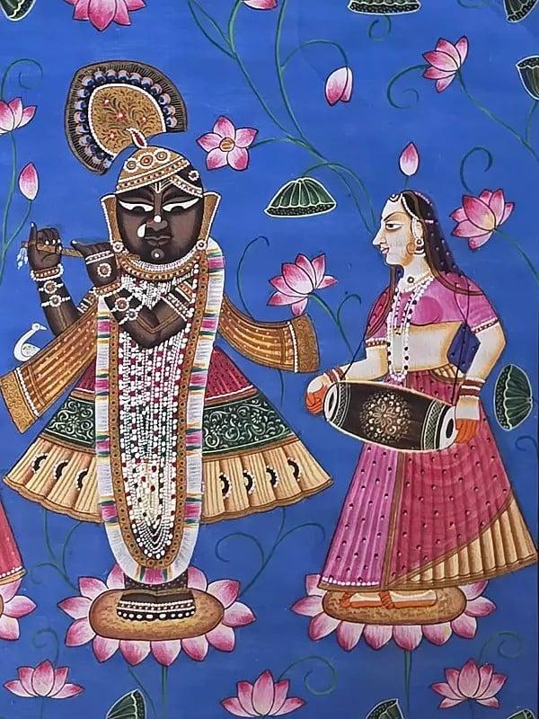 Exotic India Shrinathji Holding Flute With Devotees | Watercolor On Cotton | Pichwai Art 