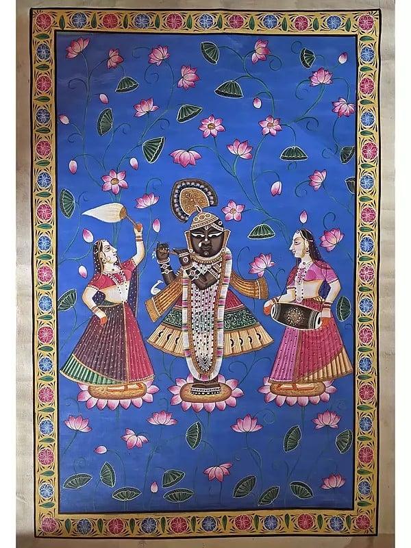 exotic india Shrinathji Holding Flute With Devotees | Watercolor On Cotton | Pichwai Art 