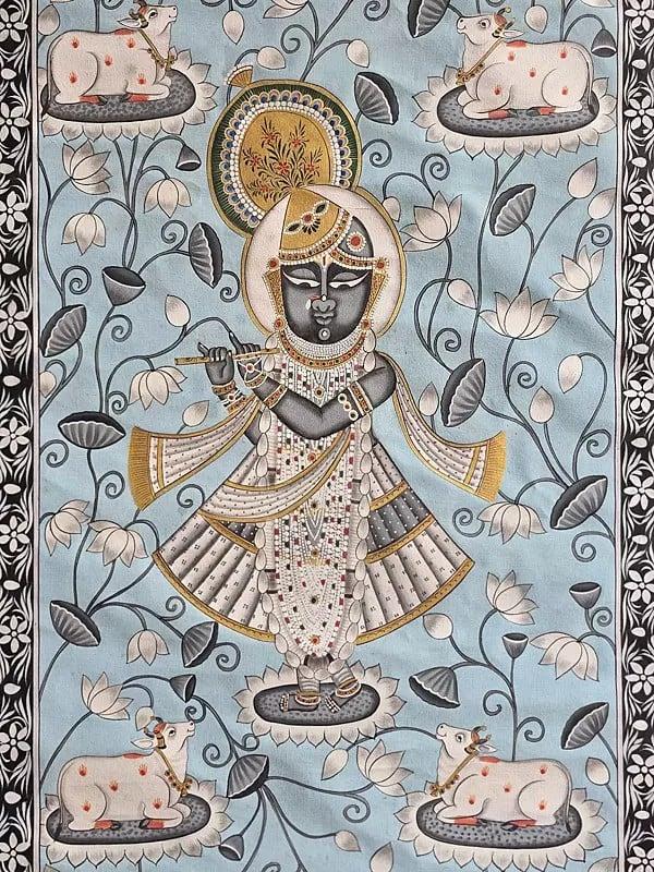 Exotic India Shrinathji Playing Flute | Pichwai Art | Watercolor On Cotton 