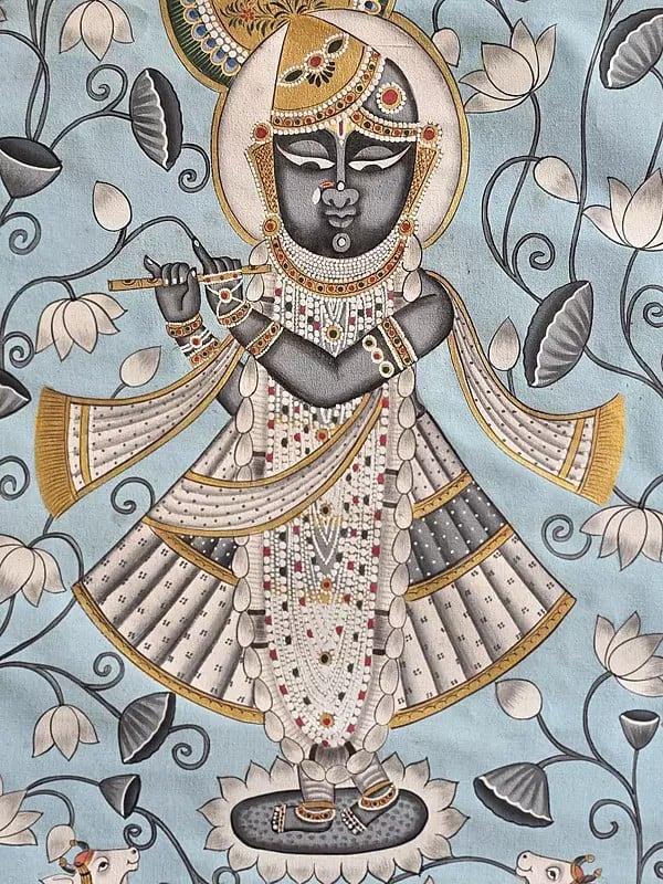 Exotic India Shrinathji Playing Flute | Pichwai Art | Watercolor On Cotton 