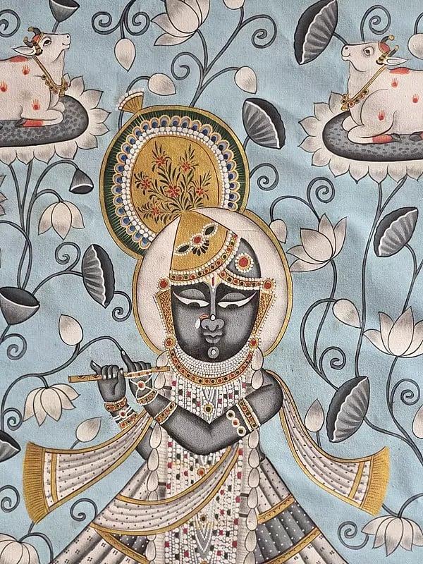 Exotic India Shrinathji Playing Flute | Pichwai Art | Watercolor On Cotton 