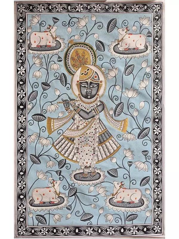 exotic india Shrinathji Playing Flute | Pichwai Art | Watercolor On Cotton 