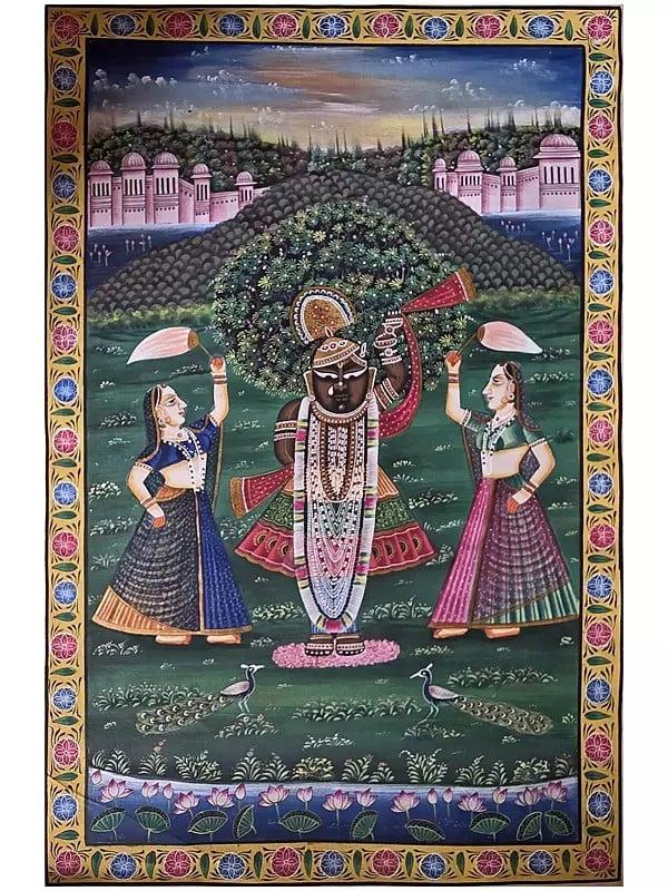 exotic india Shrinathji’s Divine Darshan | Pichwai Art | Watercolor On Cotton 