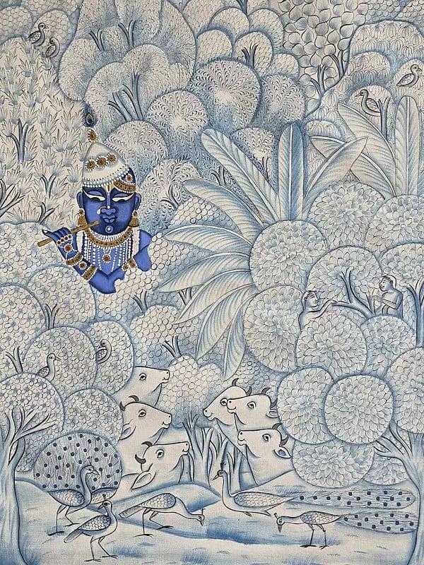 Exotic India Shrinathji Under The Forest With Cow | Pichwai Art | Watercolor On Cotton 