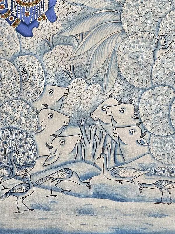 Exotic India Shrinathji Under The Forest With Cow | Pichwai Art | Watercolor On Cotton 