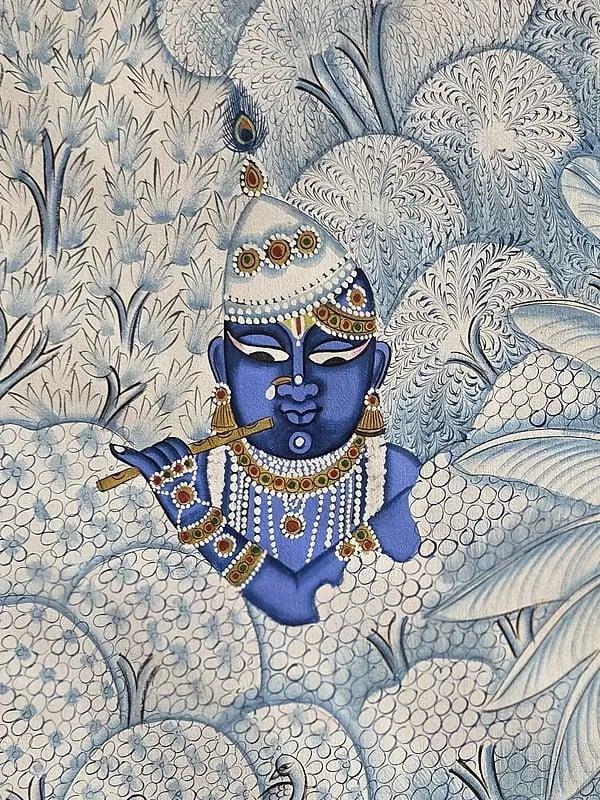 Exotic India Shrinathji Under The Forest With Cow | Pichwai Art | Watercolor On Cotton 
