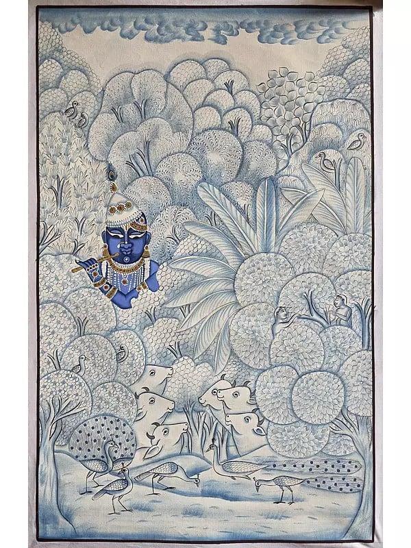 exotic india Shrinathji Under The Forest With Cow | Pichwai Art | Watercolor On Cotton 