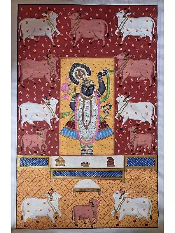 exotic india Shrinathji With Cow | Pichwai Art | Watercolor On Cotton 