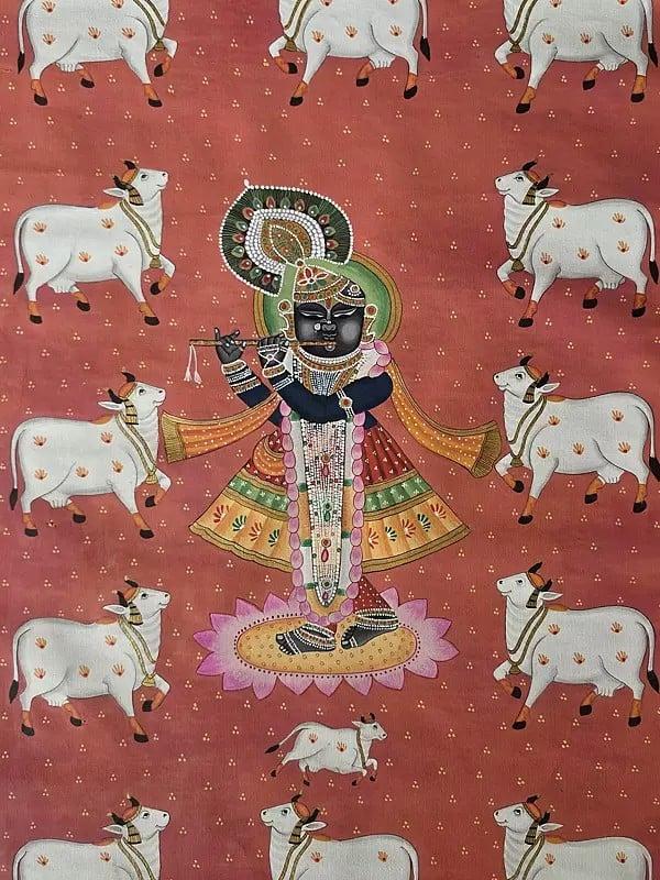 Exotic India Shrinathji With Cow | Watercolor On Cotton | Pichwai Art 