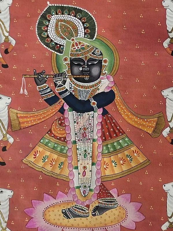 Exotic India Shrinathji With Cow | Watercolor On Cotton | Pichwai Art 