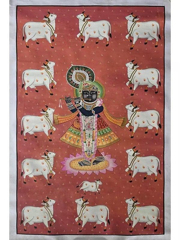 exotic india Shrinathji With Cow | Watercolor On Cotton | Pichwai Art 