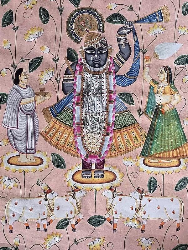 Exotic India Shrinathji With Devotees | Watercolor On Cotton | Pichwai Art 