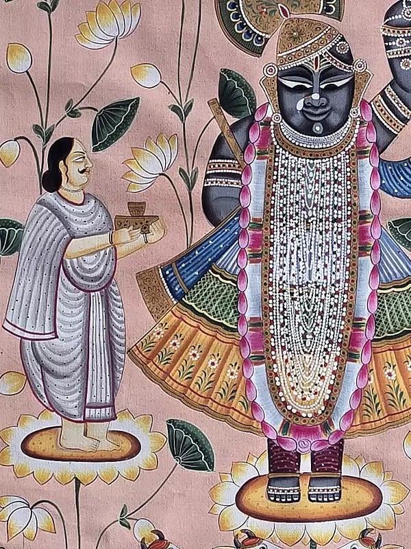 Exotic India Shrinathji With Devotees | Watercolor On Cotton | Pichwai Art 