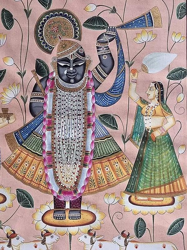 Exotic India Shrinathji With Devotees | Watercolor On Cotton | Pichwai Art 