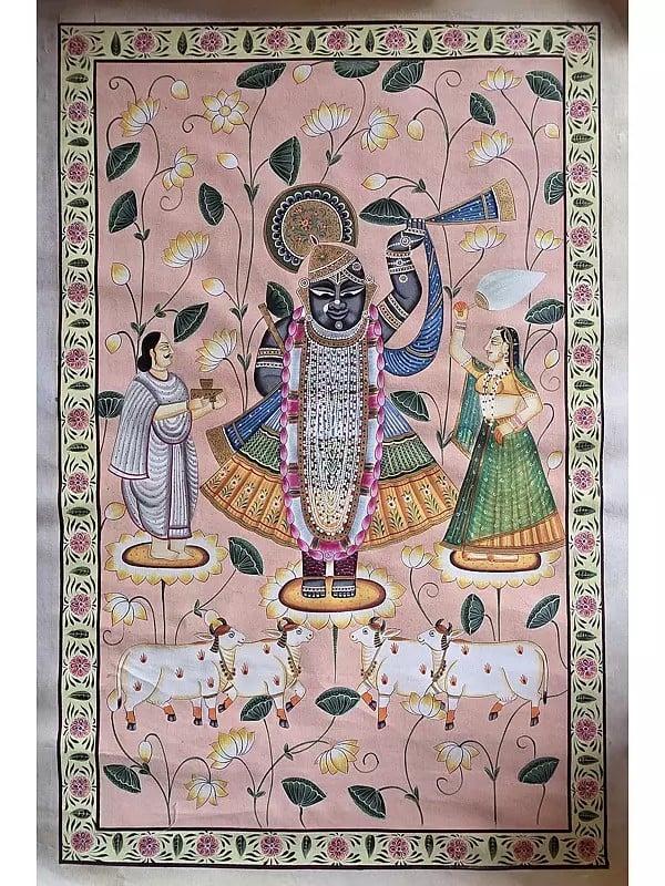 exotic india Shrinathji With Devotees | Watercolor On Cotton | Pichwai Art 