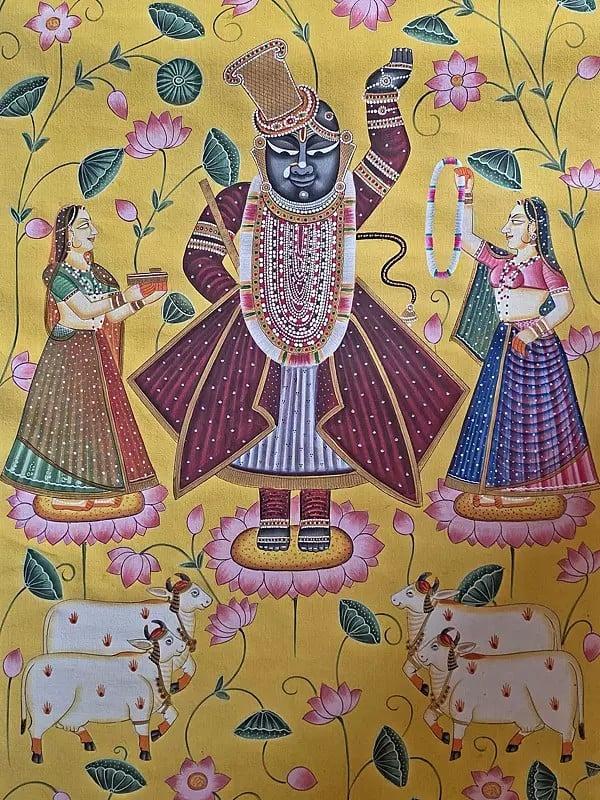 Exotic India Shrinathji With Gopis And Cow | Watercolor On Cotton | Pichwai Art 