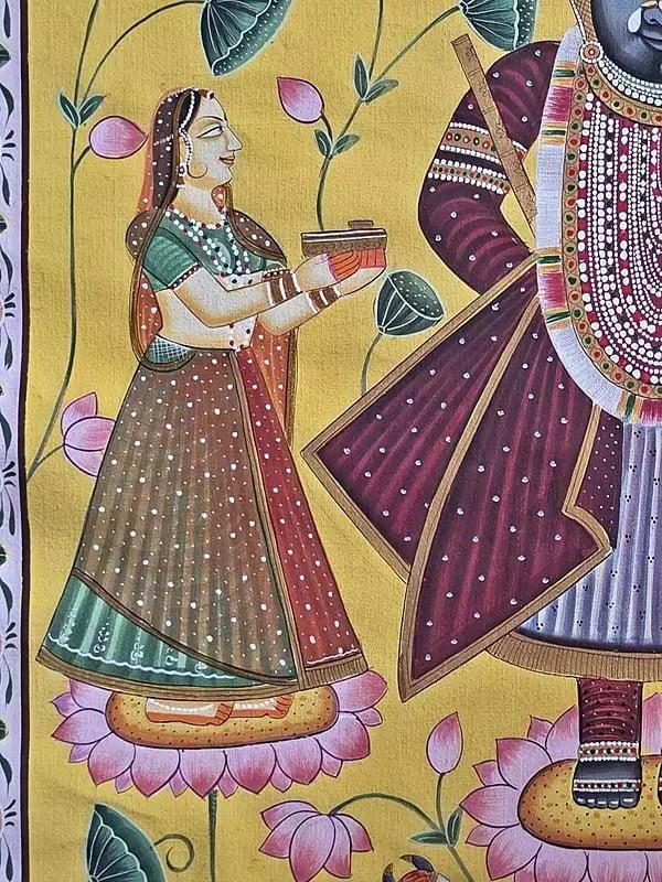 Exotic India Shrinathji With Gopis And Cow | Watercolor On Cotton | Pichwai Art 