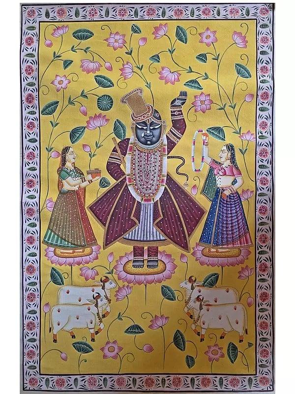 exotic india Shrinathji With Gopis And Cow | Watercolor On Cotton | Pichwai Art 