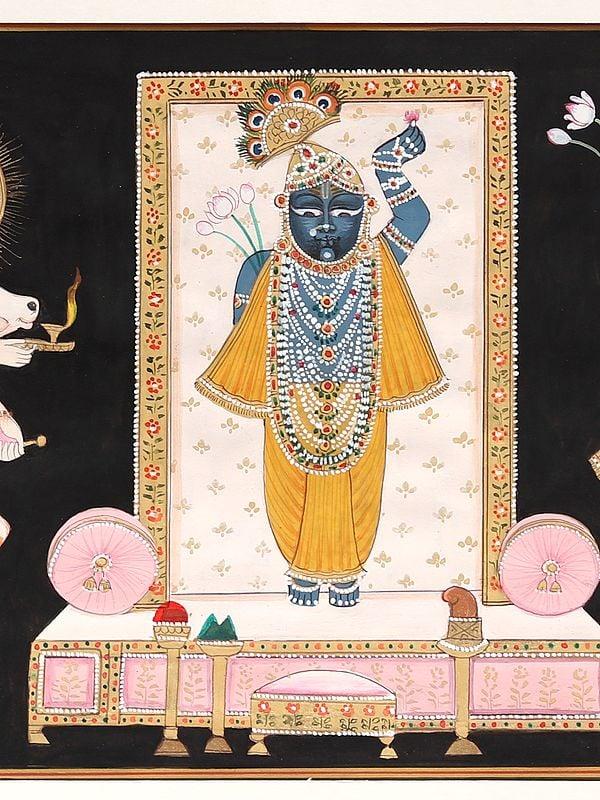 Exotic India Shrinathji With Yamunaji And Mahaprabhuji | Watercolor On Paper 