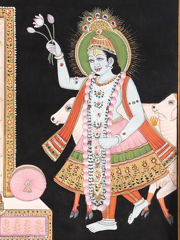 Exotic India Shrinathji With Yamunaji And Mahaprabhuji | Watercolor On Paper 